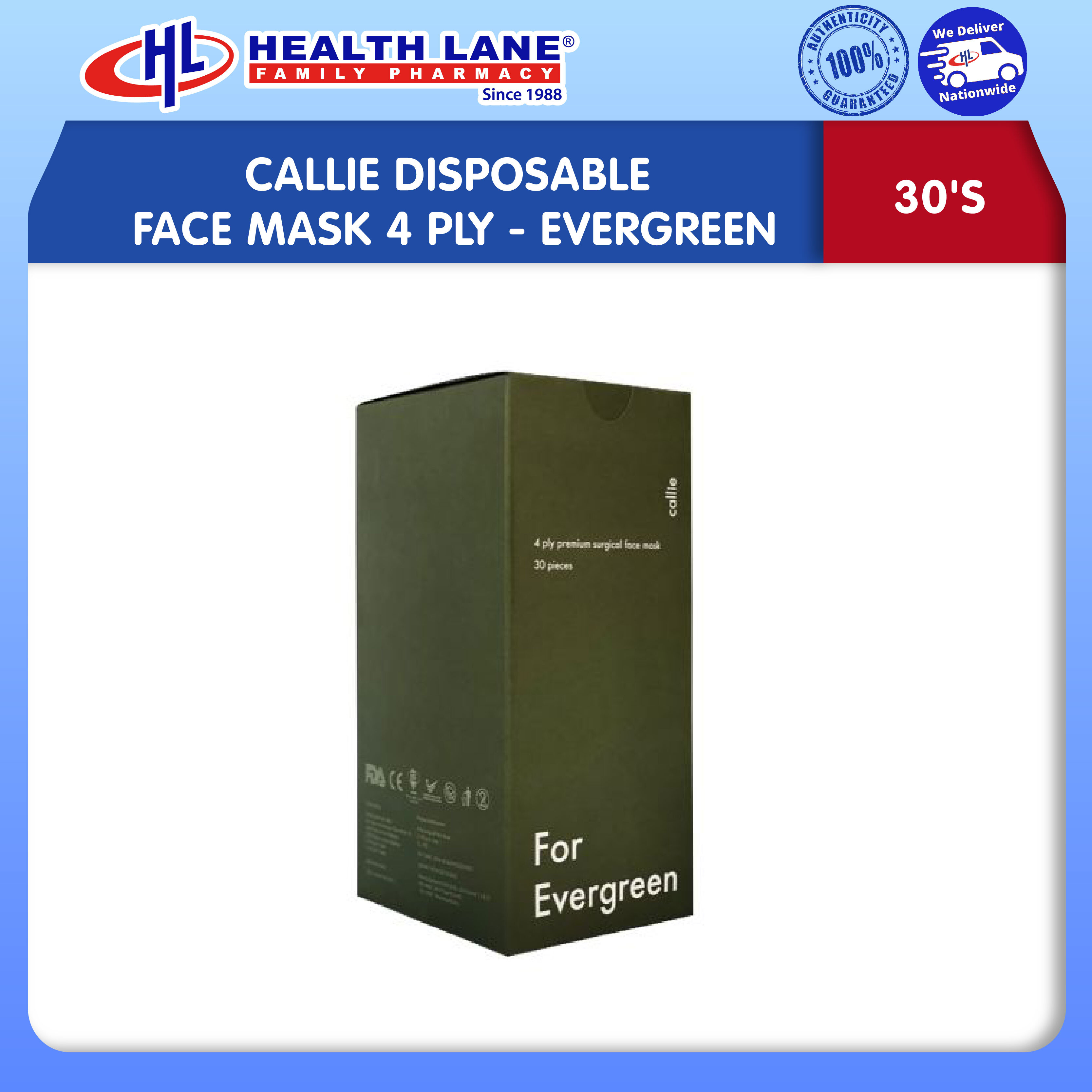 CALLIE DISPOSABLE FACE MASK 4 PLY 30'S- EVERGREEN